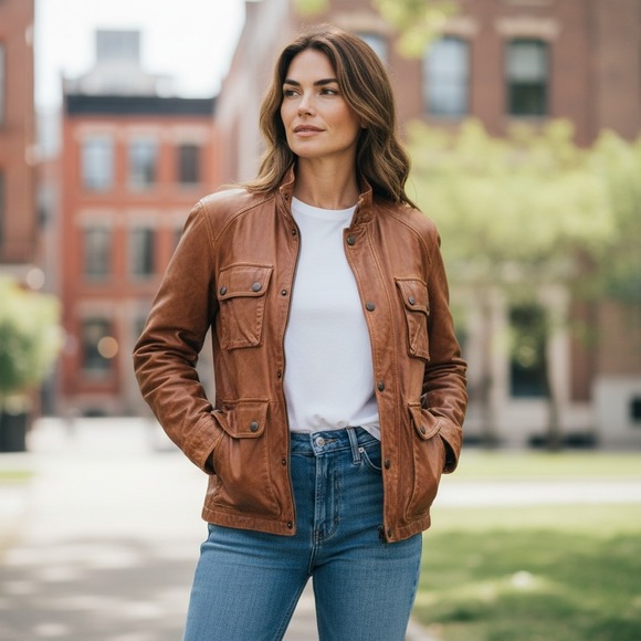 Lucky Brand Jackets & Blazers - Lucky Brand Leather Utility Jacket Womens Cognac Brown Distressed Field S